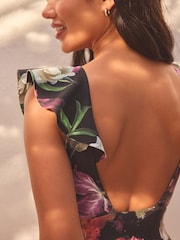Black Photographic Floral Frill Plunge Tummy Shaping Control Swimsuit - Image 5 of 6