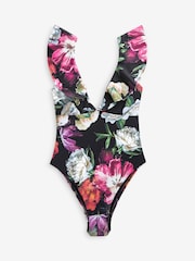 Black Photographic Floral Frill Plunge Tummy Shaping Control Swimsuit - Image 6 of 6