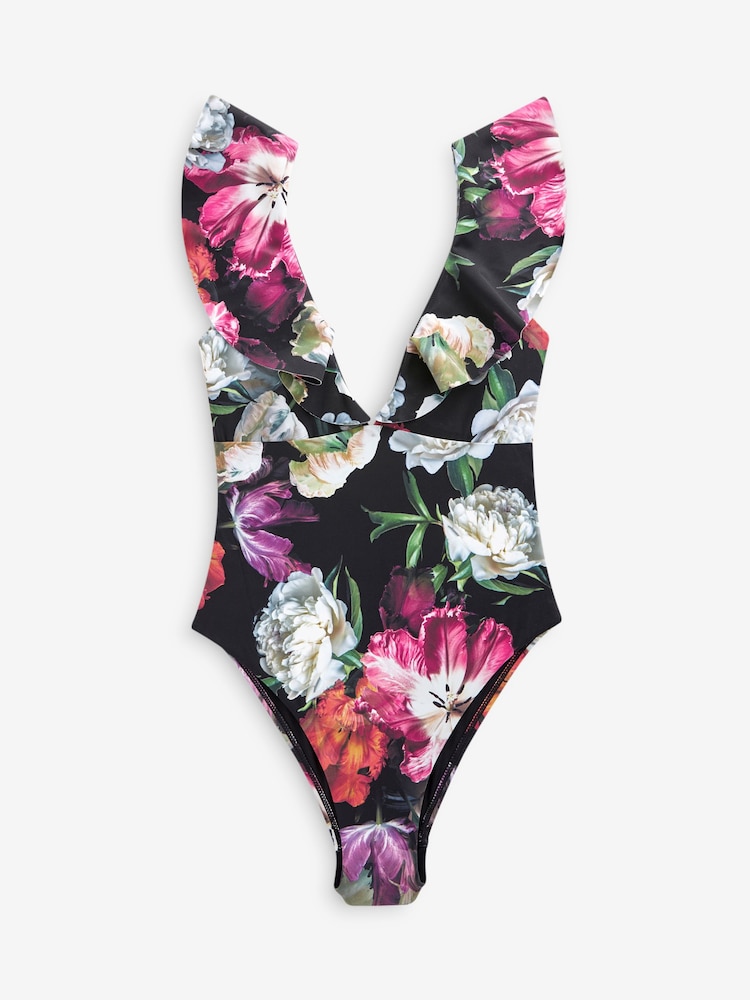 Black Photographic Floral Frill Plunge Tummy Shaping Control Swimsuit - Image 6 of 6