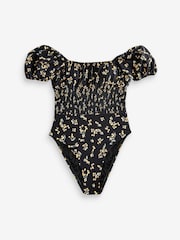 Black Ditsy Puff Sleeve Shirred Body Tummy Control Swimsuit - Image 5 of 5