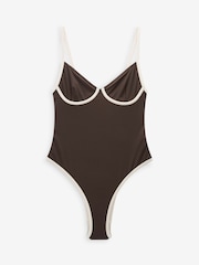 Brown/Ecru Contrast Self. Non Padded Underwired High Leg Swimsuit - Image 8 of 8