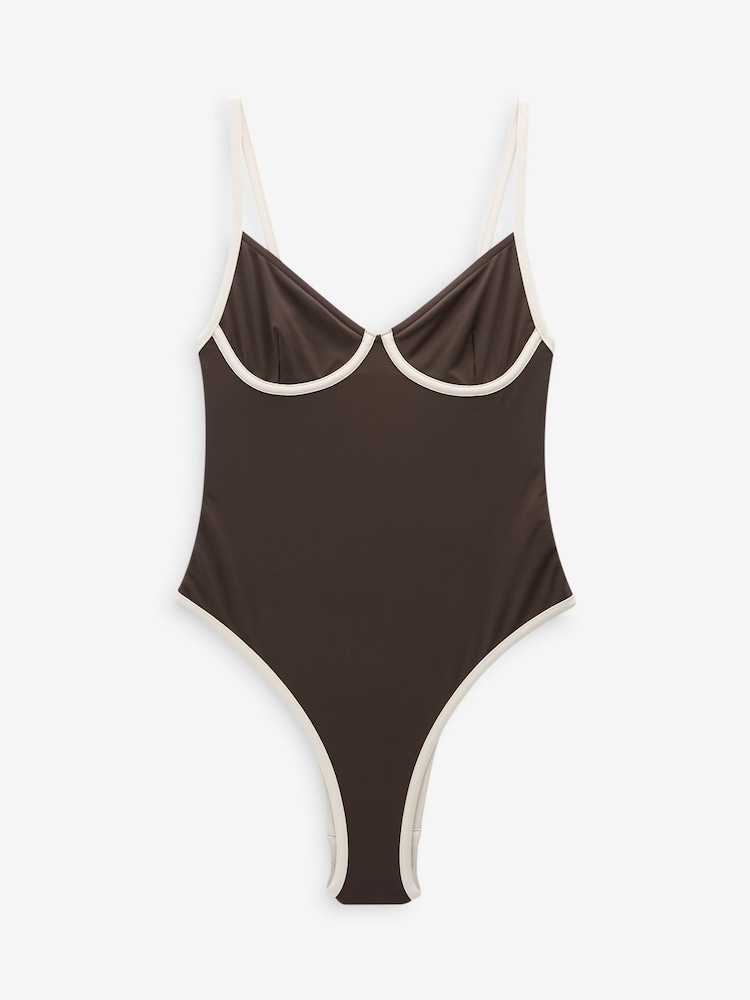 Brown/Ecru Contrast Self. Non Padded Underwired High Leg Swimsuit - Image 8 of 8