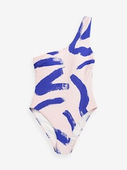 Blue/Cream Abstract Twist One Shoulder Tummy Control Swimsuit - Image 7 of 9