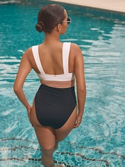 Black/Ecru/Beige Plunge Tummy Control Swimsuit - Image 3 of 4