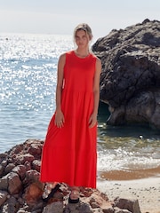 Orange Sleeveless Crew Neck Tiered Summer Maxi Jersey Dress - Image 1 of 6