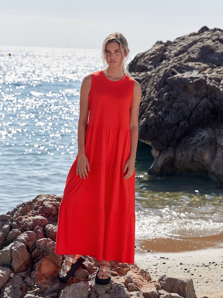 Orange Sleeveless Crew Neck Tiered Summer Maxi Jersey Dress - Image 1 of 6