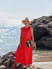 Orange Sleeveless Crew Neck Tiered Summer Maxi Jersey Dress - Image 2 of 6