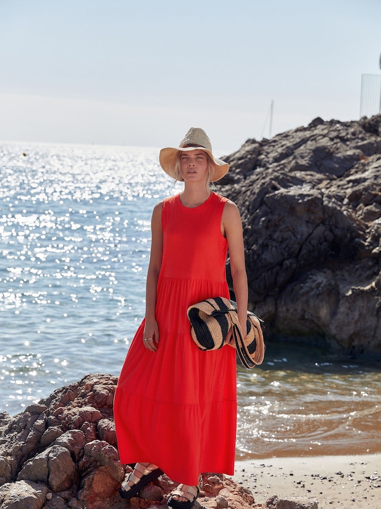 Orange Sleeveless Crew Neck Tiered Summer Maxi Jersey Dress - Image 2 of 6
