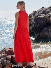 Orange Sleeveless Crew Neck Tiered Summer Maxi Jersey Dress - Image 3 of 6