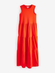 Orange Sleeveless Crew Neck Tiered Summer Maxi Jersey Dress - Image 5 of 6
