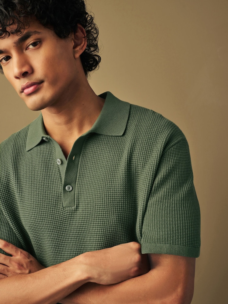 Green Regular Fit Knitted Waffle Textured 100% Cotton Polo Shirt - Image 1 of 7