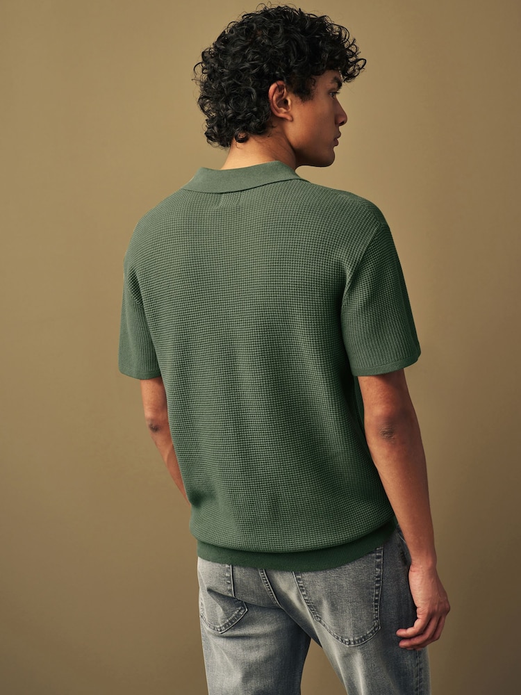 Green Regular Fit Knitted Waffle Textured 100% Cotton Polo Shirt - Image 2 of 7