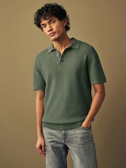 Green Regular Fit Knitted Waffle Textured 100% Cotton Polo Shirt - Image 4 of 7