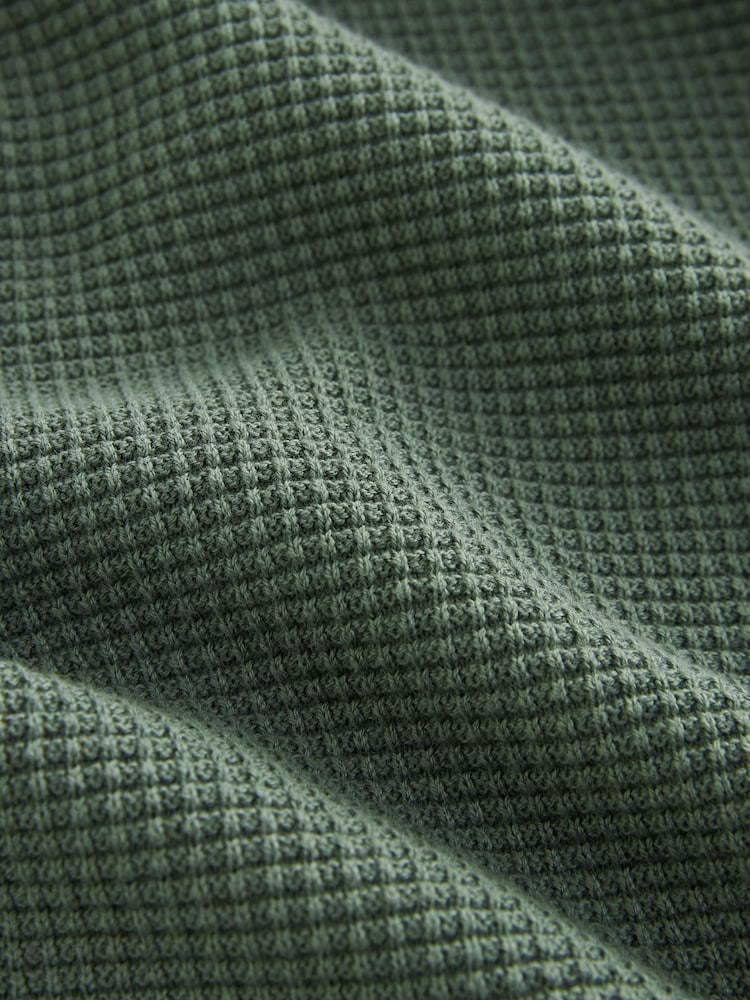 Green Regular Fit Knitted Waffle Textured 100% Cotton Polo Shirt - Image 7 of 7