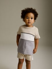 Neutral 100% Cotton Short Sleeve Colourblock T-Shirt and Shorts Set (3mths-7yrs) - Image 1 of 7