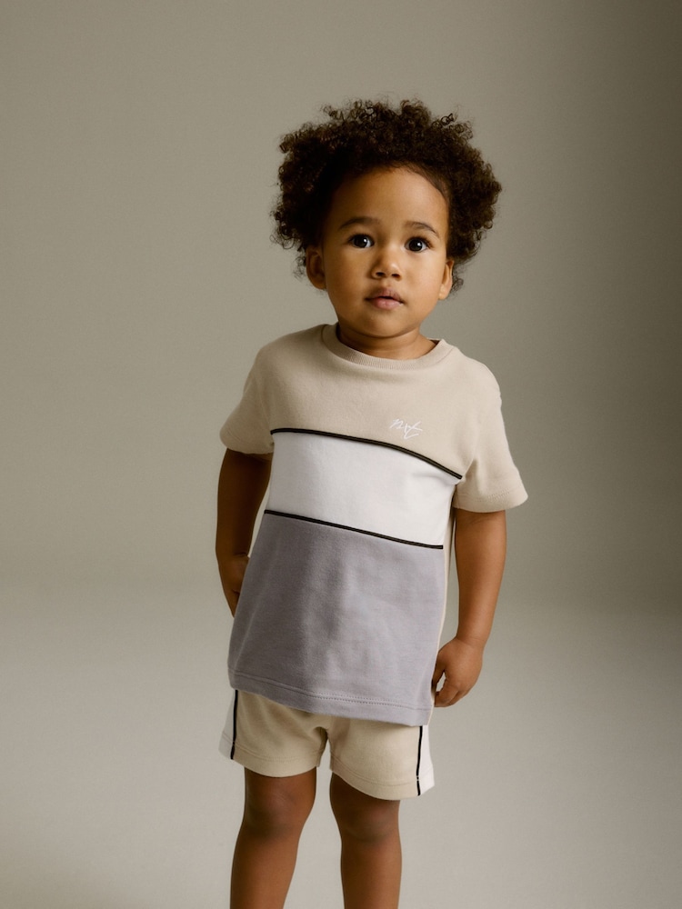 Neutral 100% Cotton Short Sleeve Colourblock T-Shirt and Shorts Set (3mths-7yrs) - Image 1 of 7