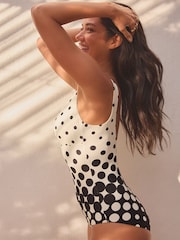 Ecru/Black Spot Print Plunge Tummy Shaping Control Swimsuit - Image 2 of 3