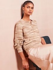 Neutral Brown Space Dye Button Neck Jumper - Image 1 of 6