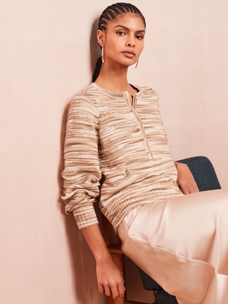 Neutral Brown Space Dye Button Neck Jumper - Image 1 of 6