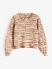 Neutral Brown Space Dye Button Neck Jumper - Image 5 of 6
