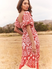 Lipsy Red Puff Sleeve Square Neck Midaxi Linen Look Printed Dress - Image 3 of 4
