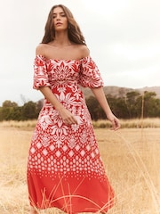 Lipsy Red Puff Sleeve Square Neck Midaxi Linen Look Printed Dress - Image 4 of 4