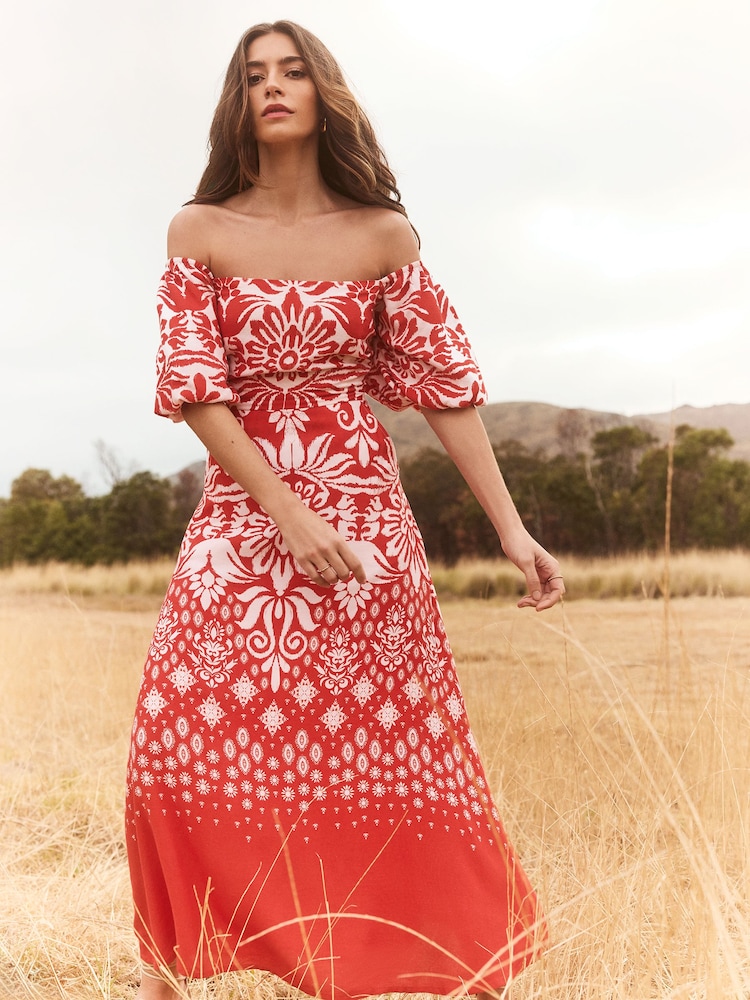 Lipsy Red Puff Sleeve Square Neck Midaxi Linen Look Printed Dress - Image 4 of 4