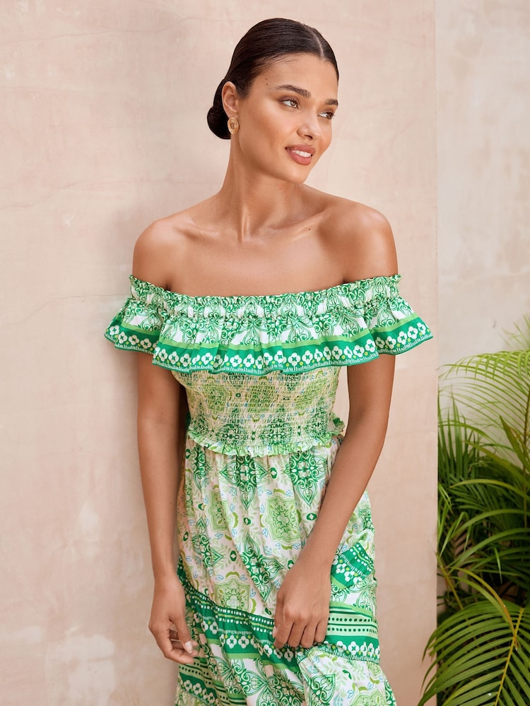 Lipsy Shirred Bardot Tiered макси Праздничные принтованные платья - Изображение 2 из 4