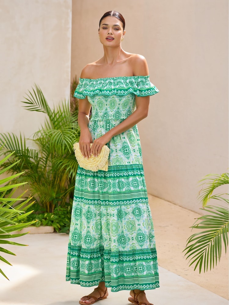 Lipsy Shirred Bardot Tiered макси Праздничные принтованные платья - Изображение 4 из 4