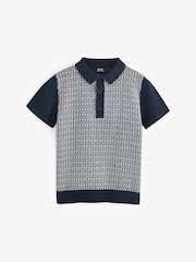 Black/White Short Sleeve Geo Pattern Polo Shirt (3-16yrs) - Image 1 of 3