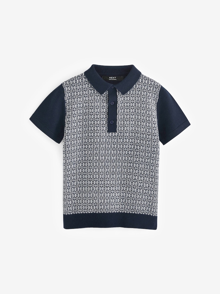 Black/White Short Sleeve Geo Pattern Polo Shirt (3-16yrs) - Image 1 of 3