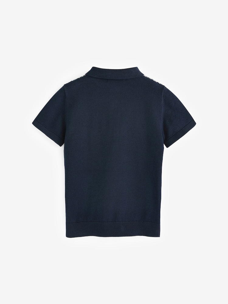 Black/White Short Sleeve Geo Pattern Polo Shirt (3-16yrs) - Image 2 of 3