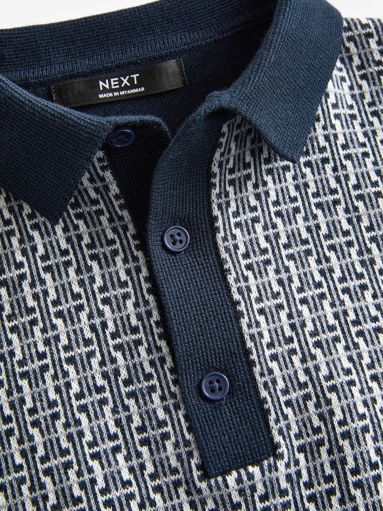 Black/White Short Sleeve Geo Pattern Polo Shirt (3-16yrs) - Image 3 of 3