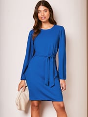 Lipsy Blue Long Sleeve Round Neck Tie Waist Shift Dress - Image 1 of 4