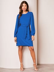 Lipsy Blue Long Sleeve Round Neck Tie Waist Shift Dress - Image 3 of 4