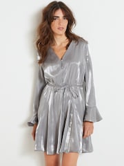 Silver Metallic Long Flutter Sleeve Mini Dress - Image 1 of 6