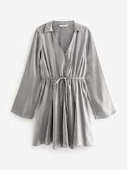 Silver Metallic Long Flutter Sleeve Mini Dress - Image 2 of 6