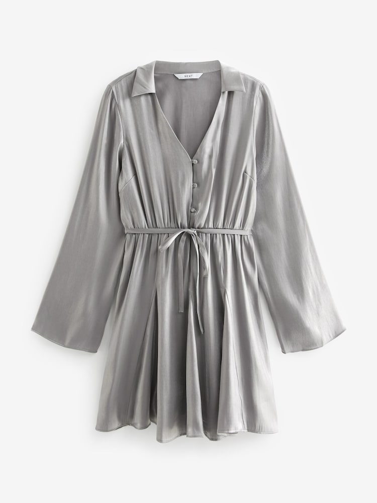 Silver Metallic Long Flutter Sleeve Mini Dress - Image 2 of 6