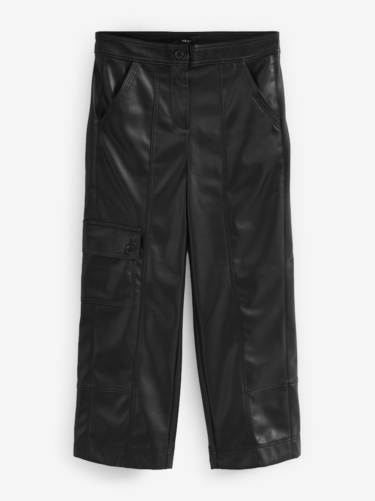 Black Faux Leather PU Cargo Trousers - Image 1 of 6