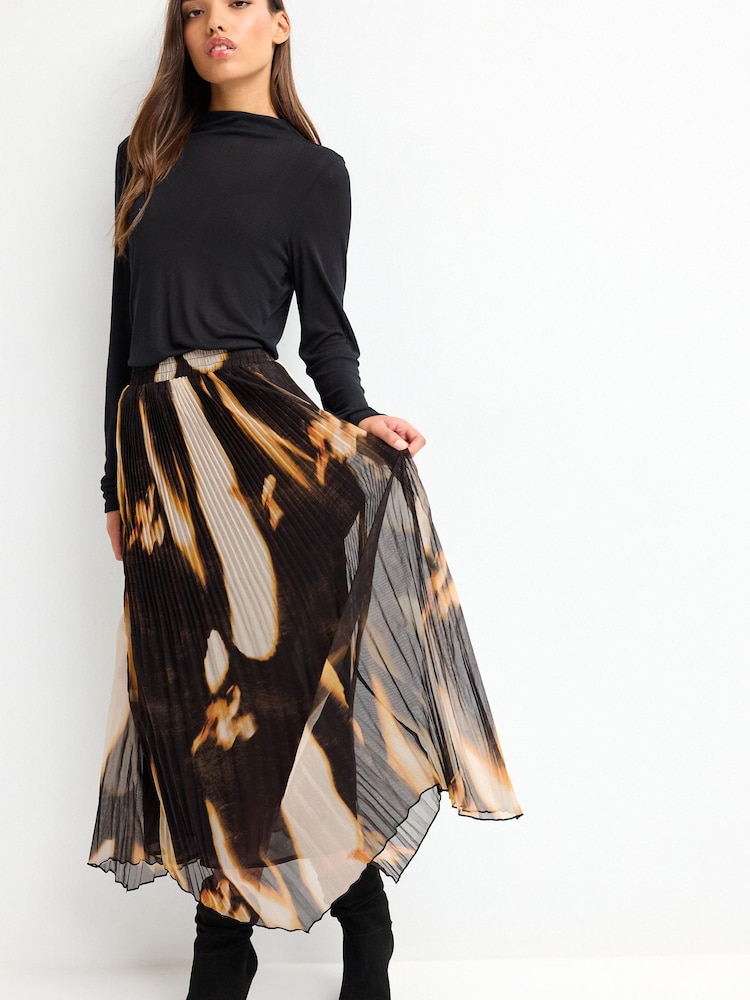 Schwarz mit Marmordruck - Plissierter Chiffon-Midirock - Bild 1 von 6