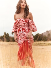 Lipsy Red Petite Puff Sleeve Square Neck Midaxi Linen Look Printed Dress - Image 4 of 4