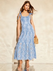 Lipsy Blue Petite Tie Strap Embroidered Tiered Midaxi Dress - Image 1 of 4