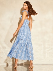 Lipsy Blue Petite Tie Strap Embroidered Tiered Midaxi Dress - Image 2 of 4