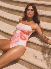 Coral Pink Floral Tummy Control Bandeau Swimsuit - Image 1 of 6