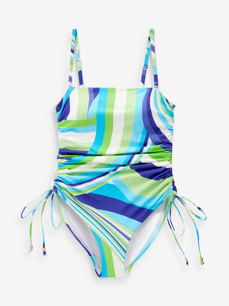 Myleene Klass Blue/Green Swirl Bandeau Ruched Leg Tummy Shaping Control Swimsuit - Image 7 of 7