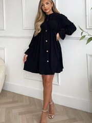 AX Paris Long Sleeve Gathered Detail Button Front Black Dress - Image 1 of 4