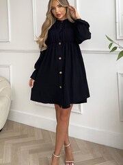 AX Paris Long Sleeve Gathered Detail Button Front Black Dress - Image 2 of 4