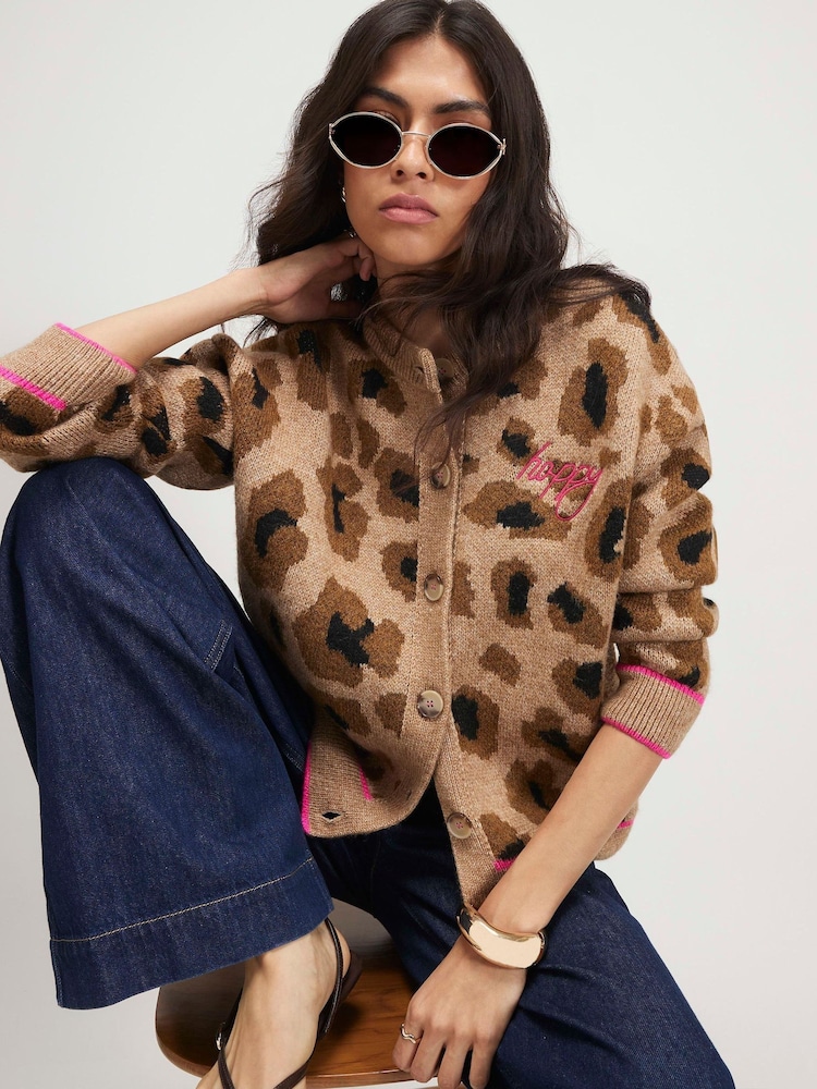 River Island Brown Knitted Leopard Print Happy Cardigan - Image 1 of 4