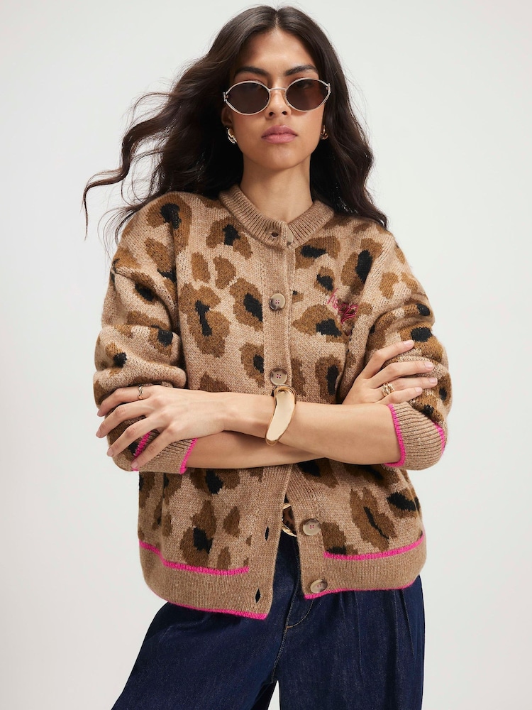 River Island Brown Knitted Leopard Print Happy Cardigan - Image 4 of 4