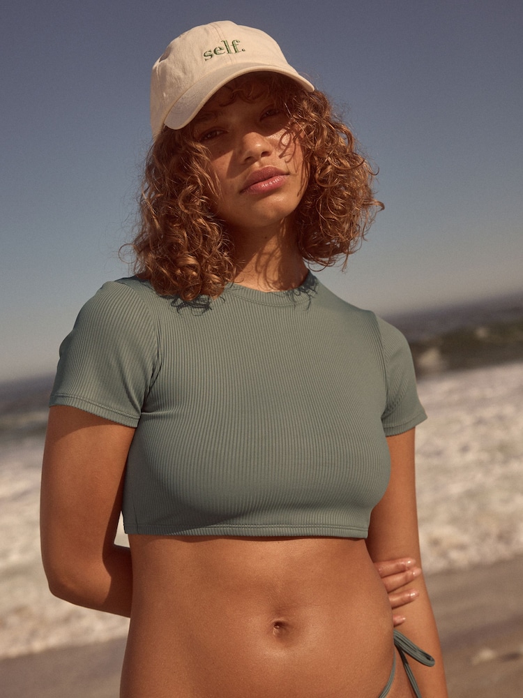 Khaki Green Rib Crop Self Crop Bikini Top - Image 2 of 7